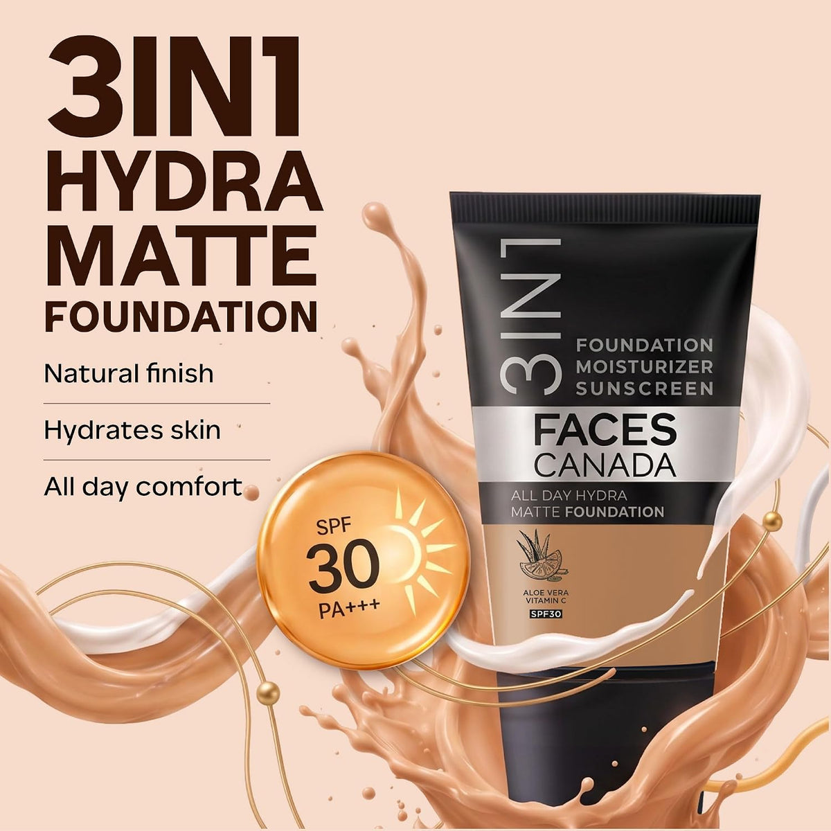 FACESCANADA Cream All Day Hydra Matte Foundation - Mini | 3in1 + Moisturizer + SPF 30 | 24 HR Aloe Hydration & Vitamin C | 10HR Wear | Medium to High Buildable Coverage | Warm Sand (18 ml)