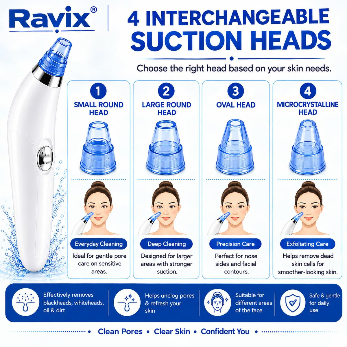 4-in-1 Electric Blackhead Remover Vacuum, Facial Pore Cleaner with Derma Suction, Acne Pimple & Whitehead Extractor for Men & Women, Nose & Face Skin Care Device