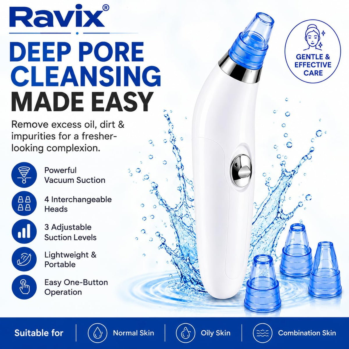 4-in-1 Electric Blackhead Remover Vacuum, Facial Pore Cleaner with Derma Suction, Acne Pimple & Whitehead Extractor for Men & Women, Nose & Face Skin Care Device
