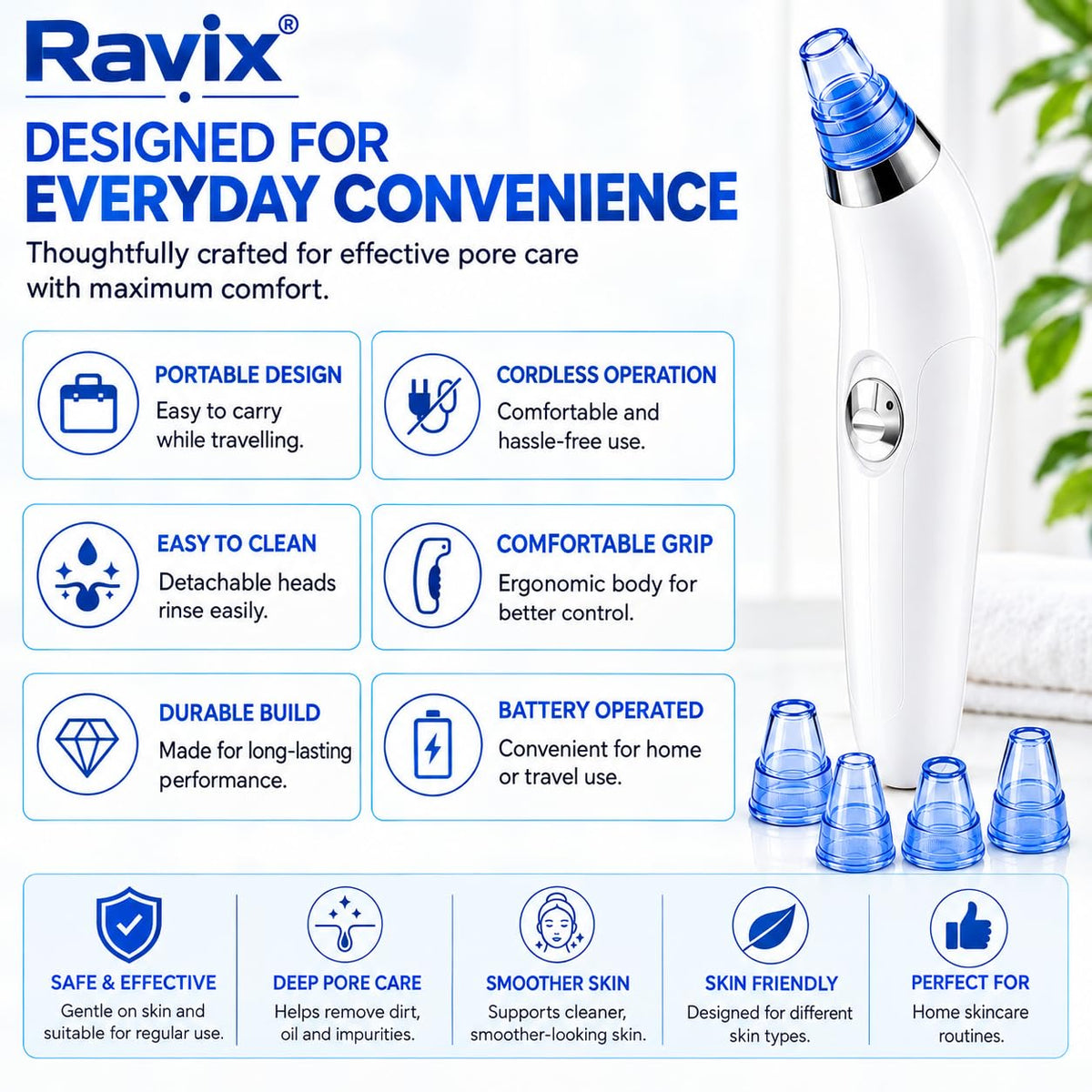 4-in-1 Electric Blackhead Remover Vacuum, Facial Pore Cleaner with Derma Suction, Acne Pimple & Whitehead Extractor for Men & Women, Nose & Face Skin Care Device