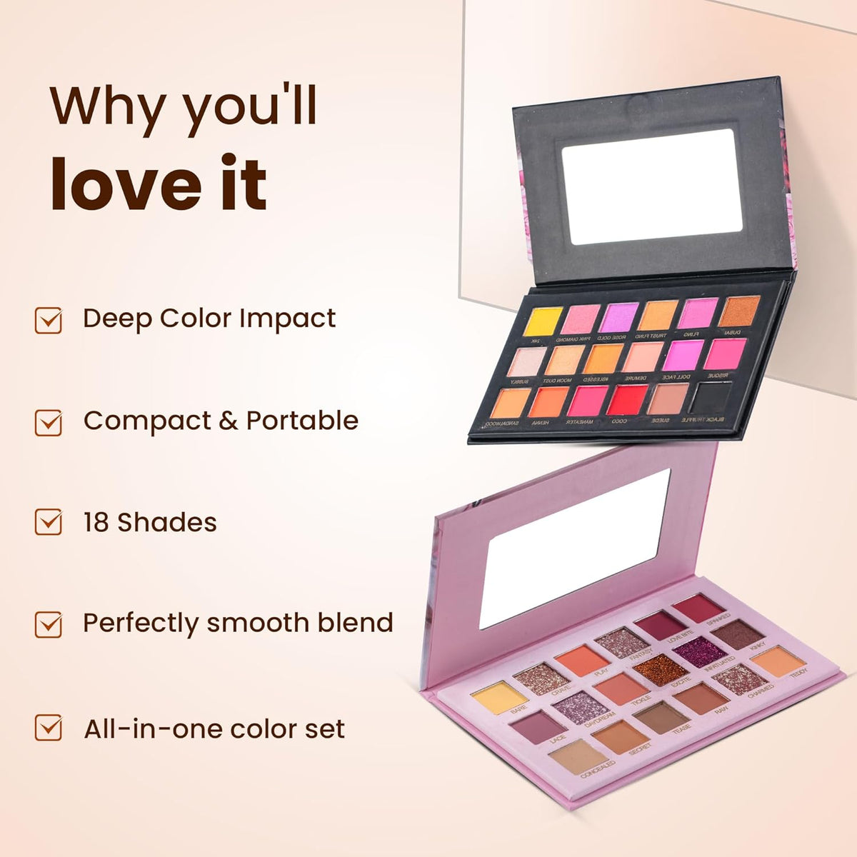 Rose Gold & Nude Eyeshadow Palette Combo Beauty Makeup Kit Set for Women Festive Ready 36 Nude, Brown & Black Eye Shadow Shades | Glitter, Shimmer & Matte Finishes | Complete Eye Shadow Palette Set