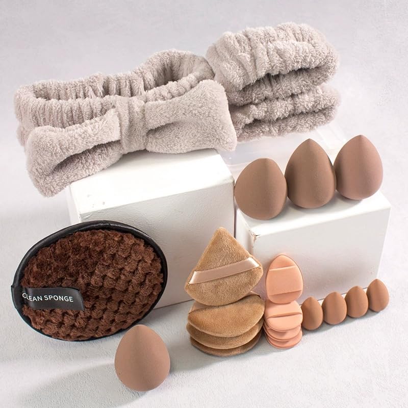 Multi-Shape Makeup Sponge Set | 20 Piece Beauty Puff Collection with Headband and Clean Sponge | Pink, Purple, Beige & Bright Sets | Face Blender Kit for Cream, Liquid & Powder | Aesthetic and Functional Makeup Tool (Brown, 20Pcs)