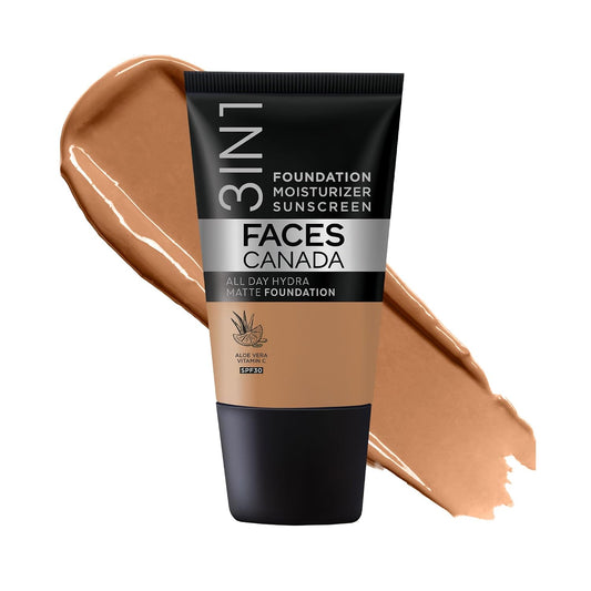 FACESCANADA Cream All Day Hydra Matte Foundation - Mini | 3in1 + Moisturizer + SPF 30 | 24 HR Aloe Hydration & Vitamin C | 10HR Wear | Medium to High Buildable Coverage | Warm Sand (18 ml)