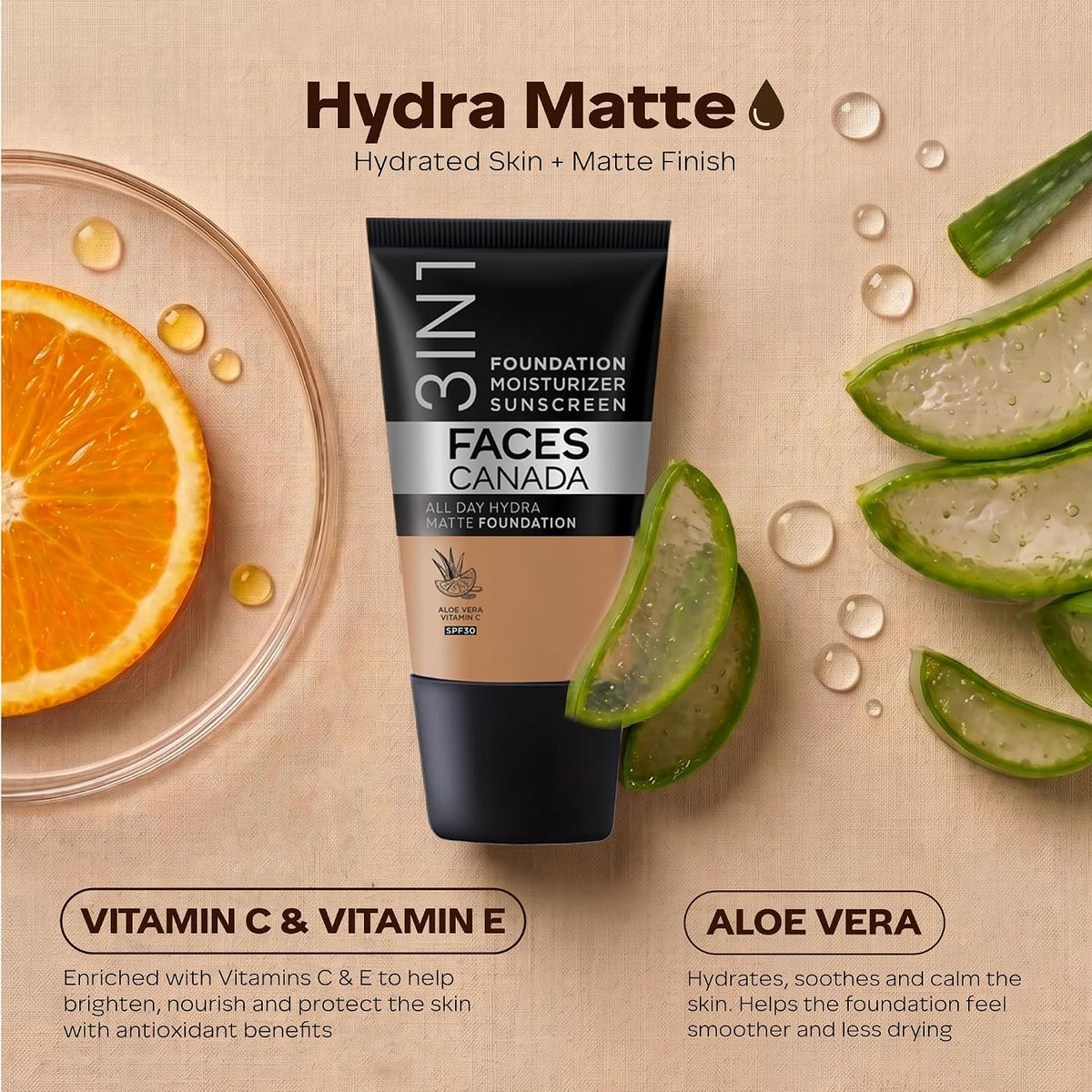 FACESCANADA Cream All Day Hydra Matte Foundation - Mini | 3in1 + Moisturizer + SPF 30 | 24 HR Aloe Hydration & Vitamin C | 10HR Wear | Medium to High Buildable Coverage | Warm Sand (18 ml)