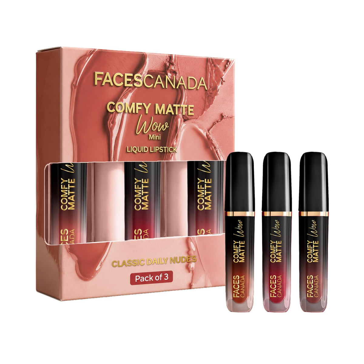 FACES CANADA Comfy Matte Wow Mini Liquid Lipstick - Classic Daily Nudes Choco Couture + Cocoa Crush + Nude Nectar | Highly Pigmented | Long Lasting | Waterproof | Gift Set for Women & Girls
